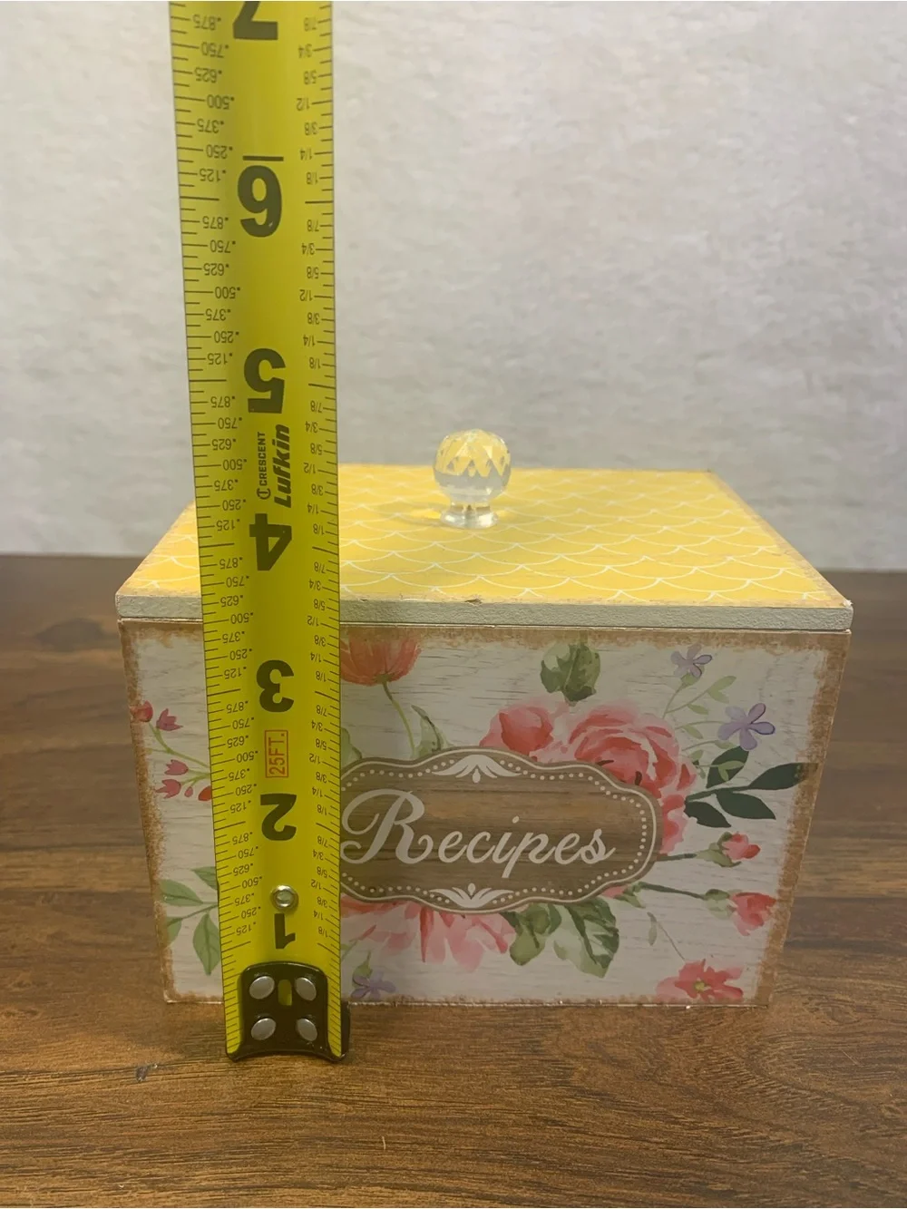 Vintage Wooden Cottagecore Grandma Recipe Box with Yellow Lid Blue/Green/Pink